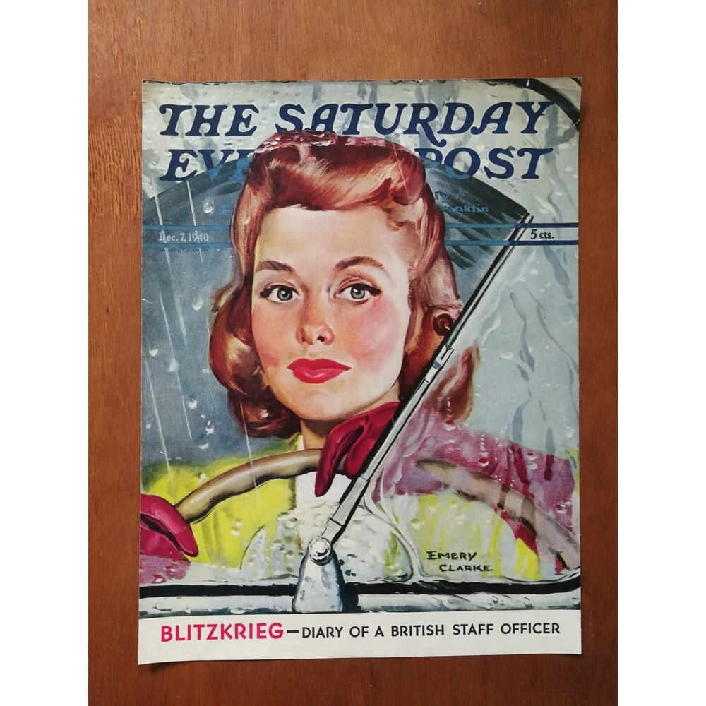 Vintage Saturday Evening Post December 7, 1940 Rainy Drive Cover Only